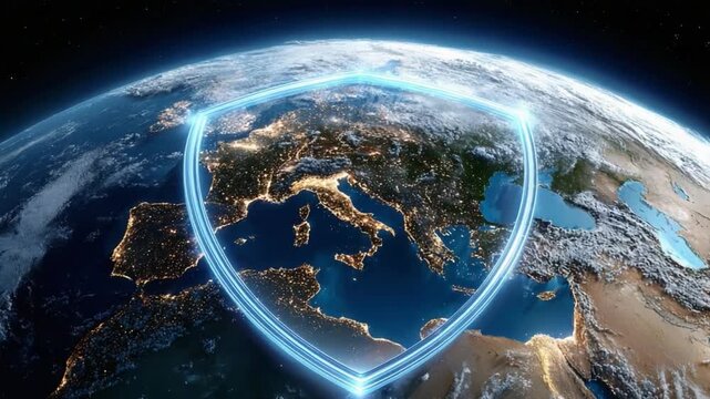 Global Shield: A glowing shield, embracing the Earth, signifies security and protection, symbolizing the planet's safety and well-being.