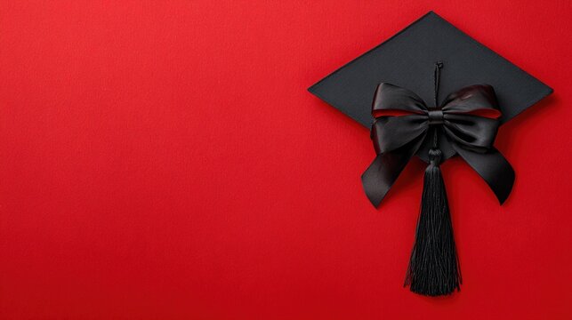 academia. Graduation cap with tassel and decorative bow on red background in a top-down view composition. event programs, museum guides, designed for cultural heritage projects and event programs.