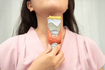 Hyperthyroidism, Overactive Thyroid, Thyroid Lymphoma, Asian woman with thyroid gland human anatomy model.