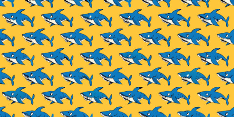 A repeating pattern of cartoonish blue sharks with sharp teeth on a vibrant yellow background