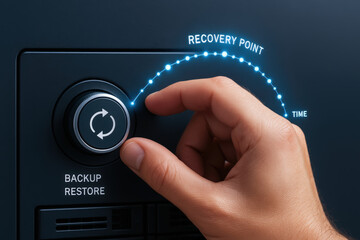Data backup and restore concept with hand adjusting recovery point time dial symbolizing ai cybersecurity threat defense strategy for data
