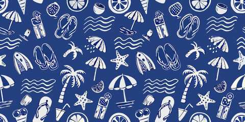 Whimsical hand drawn summer beach vacation pattern with flip flops umbrellas palm trees and surfboards