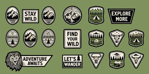 Collection of vintage style outdoor adventure patches and stickers with mountains trees and animals