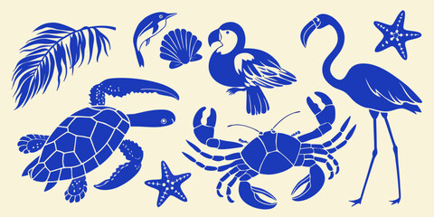 Collection of blue tropical marine animals and plants on a light yellow background