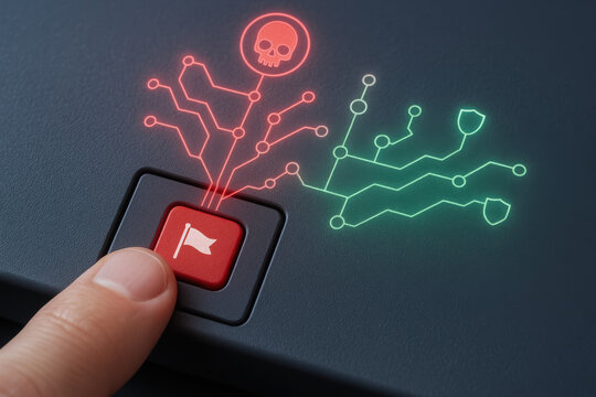 Finger presses red alert button symbolizing ai cybersecurity threat defense concept with digital skull and shield icons representing danger