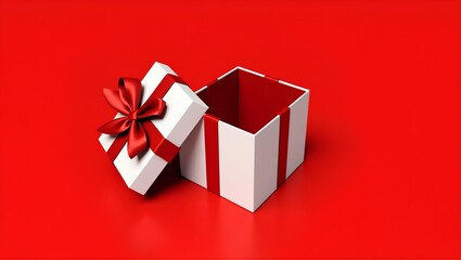 Open white gift box with red ribbon on dark red.