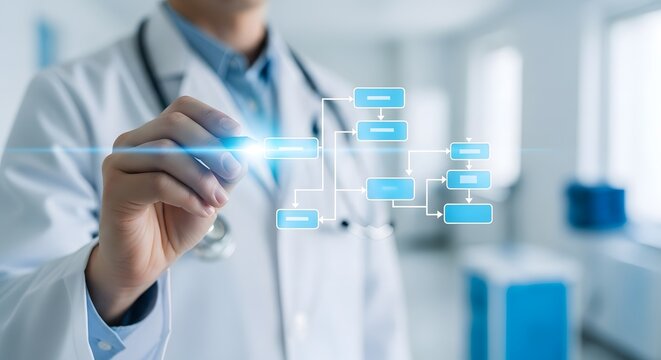 Doctor using digital interface to create organizational chart for healthcare