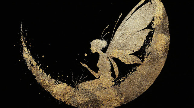 A golden illustration of a fairy sitting on the moon