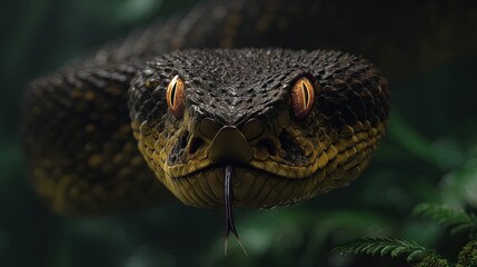Closeup Of Venomous Snake Head In Tropical Forest