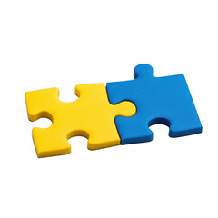 Obraz premium Puzzle two pieces connection interlocking yellow blue strategy solution isolated on transparent background