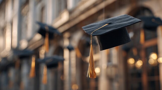 commencement. Neatly arranged graduation hats against a softly blurred background, celebrating academic achievement. event programs.