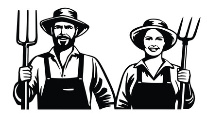 Two cheerful farmers wear hats and overalls while holding pitchforks with confident smiles