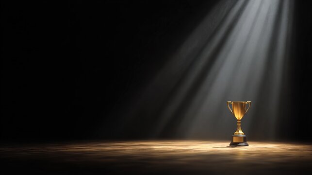 elite. Shining gold trophy displayed on a velvet podium under dramatic spotlight, evoking an elegant award ceremony. event key visuals.