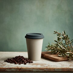 Beige Coffee Cup With Gray Lid On Rustic Wooden Table