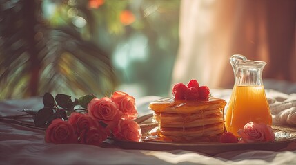 Stacked Pancakes With Berries And Roses On A Tray