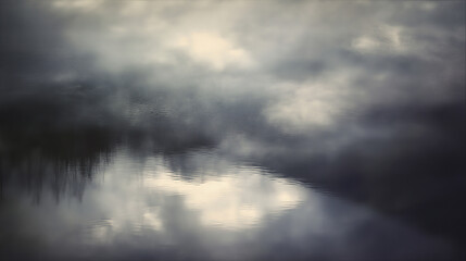 Fototapeta premium Silent water surface reflecting overcast sky, peaceful minimal landscape of memory and loss, Holocaust Remembrance Day concept.