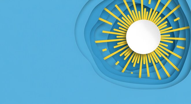 Abstract sunburst design with layered blue background and vibrant yellow rays.