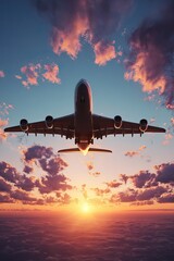 Airplane Soaring Through Colorful Sunset Sky