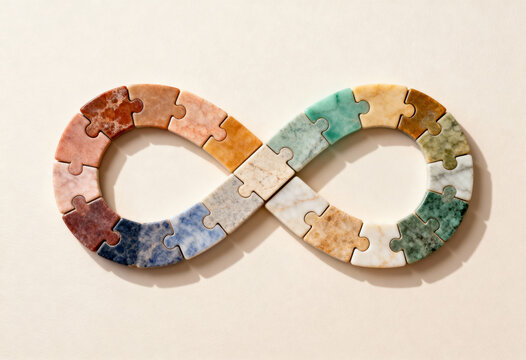 Colorful marble puzzle infinity symbol with stone texture representing neurodiversity, autism acceptance and the spectrum of developmental conditions in unity