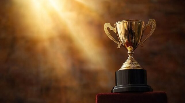 elite. Shining gold trophy displayed on a velvet podium under dramatic spotlight, evoking an elegant award ceremony. event key visuals.