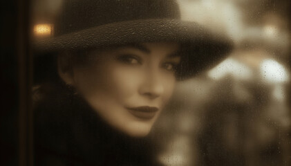 Faded sepia portrait of a 1940s woman behind rain-streaked glass, symbol of memory and time passing, Holocaust Remembrance Day concept.