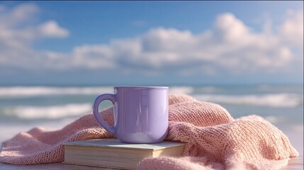 Relaxing Beach Scene With Lavender Mug And Cozy Blanket