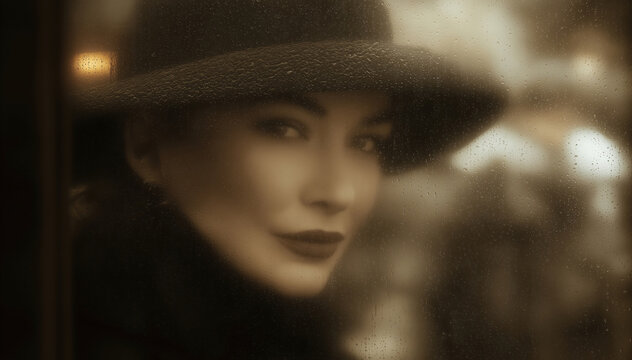 Faded sepia portrait of a 1940s woman behind rain-streaked glass, symbol of memory and time passing, Holocaust Remembrance Day concept.