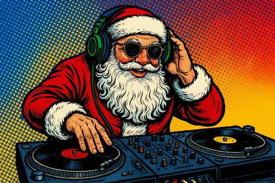 Santa Claus as a DJ, wearing headphones and spinning vinyl records on a turntable against a yellow background. Generative ai vector colorful pop art illustration.
