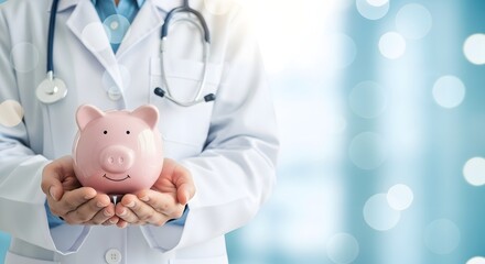 Doctor holding piggy bank, concept for health insurance or medical expenses