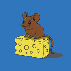 Cute Brown Mouse Sitting on Cheese Illustration
