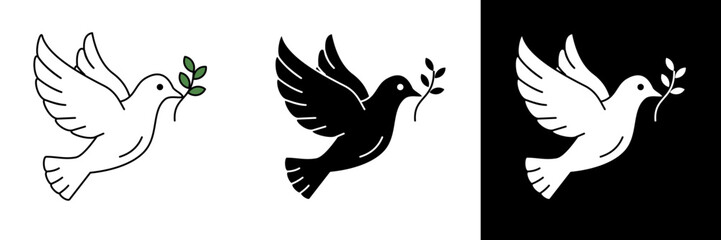A flying dove holding an olive branch, symbolizing peace, hope, and purity. Presented in white, black, and white-outline styles for religious or harmony-themed designs.