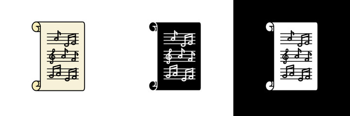 An old scroll-style music sheet featuring musical notes, representing art, creativity, and melody. Displayed in beige, black, and white variations for festive or artistic themes