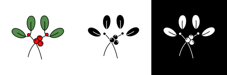 A sprig of mistletoe with green leaves and red berries, symbolizing love, peace, and Christmas tradition. Includes color, black, and white styles perfect for holiday designs.