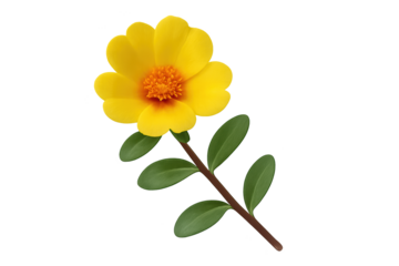 Bright yellow flower with orange center on brown stem and green leaves