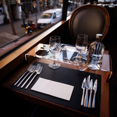 Restaurant table set with cutlery glasses and napkin by window