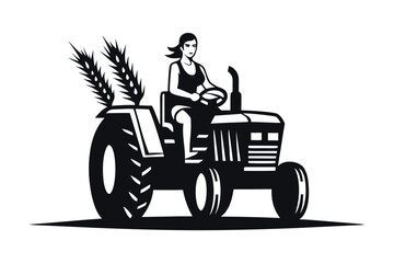 Monochrome portrait showing an agrarian woman driving a vintage tractor with wheat attached at the rear © Bablu