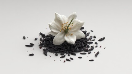 White Flower On Black Rice Seeds