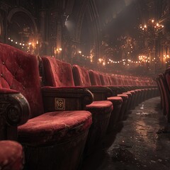 Empty Theater Rows Of Red Velvet Seats In A Dimly Lit Historical Hall