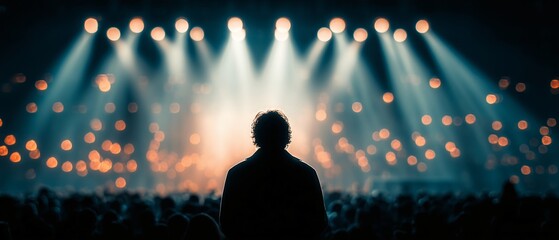 Silhouetted speaker stands on stage against backdrop of bright stage lights and blurred audience, creating dramatic and inspiring atmosphere