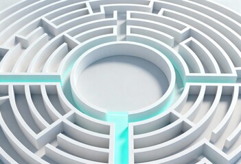 White abstract 3D maze with glowing turquoise lines, symbol of neurodivergent navigation, autism spectrum challenges and cognitive development support