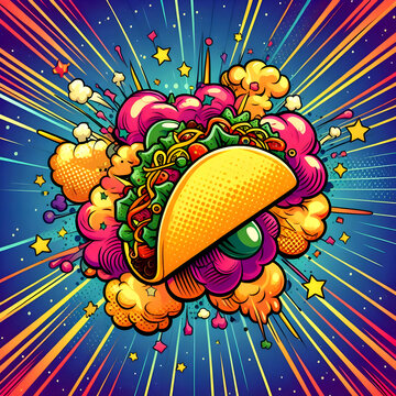  Pop Art vector illustration of an exploding taco floating in outer space. Bold colors, thick outlines, comic book style 