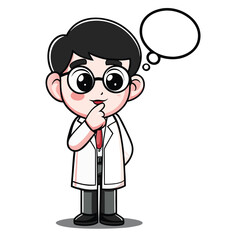 Fototapeta premium Cartoon Asian doctor wearing glasses ponders with a speech bubble for thoughts above