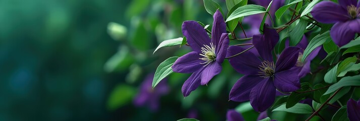 Vibrant purple clematis flowers blooming amidst lush green foliage in sunlight