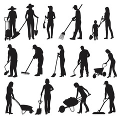 Naklejka premium Diverse group of people in silhouette are gardening and farming together using tools in unity