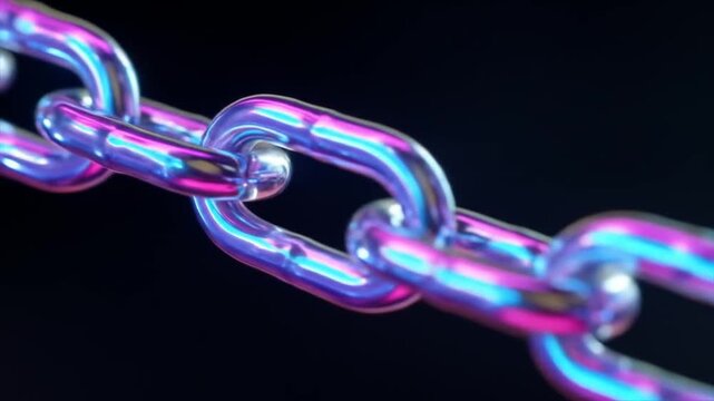 Close-up of a futuristic glowing chain with vibrant neon colors. Abstract interconnected links symbolizing technology, blockchain, and digital security.