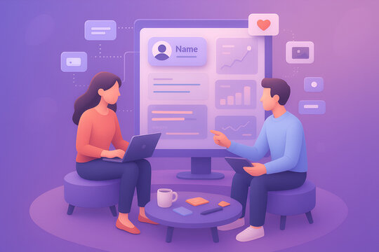 social media marketing and data analytics meeting illustration