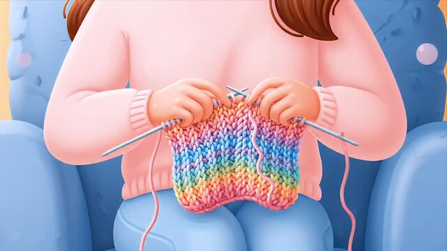 A young woman happily knits a vibrant rainbow project while surrounded by colorful yarn in a cozy room.