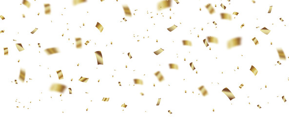 Gold confetti falling on transparent background, gold shiny glitter, luxury festive celebration party design, New Year, wedding, or birthday decoration illustration template.