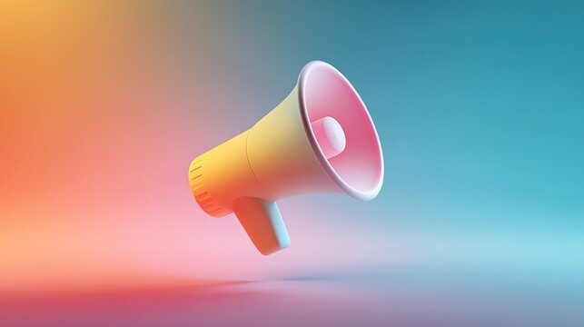 directional. Minimalist megaphone icon floating against an abstract gradient background in soft lighting. menu design, packaging mockups, designed for culinary blogs and recipe cards for restaurants.