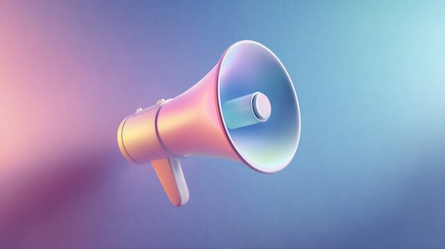 directional. Minimalist megaphone icon floating against an abstract gradient background in soft lighting. menu design, packaging mockups, designed for culinary blogs and recipe cards for restaurants.